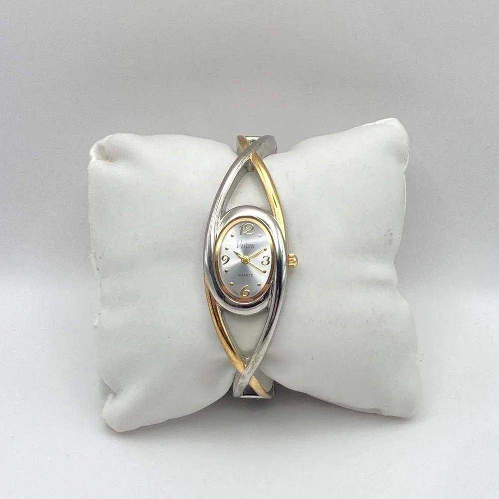 Vivani Women's Watch Cuff Silver Gold Two Tone 20mm Oval New Battery 6.5